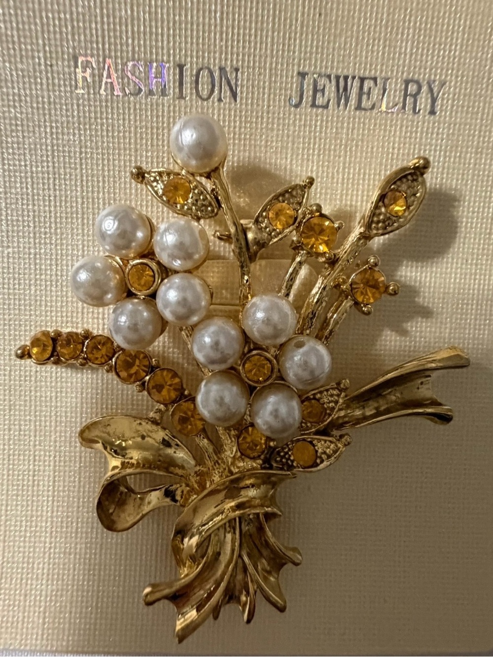 Vintage Gold Tone Floral Bouquet Brooch Faux Pearl Amber Rhinestone Pin